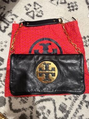 Tory Burch Black Leather Shoulder Bag with Gold Logo Medallion
